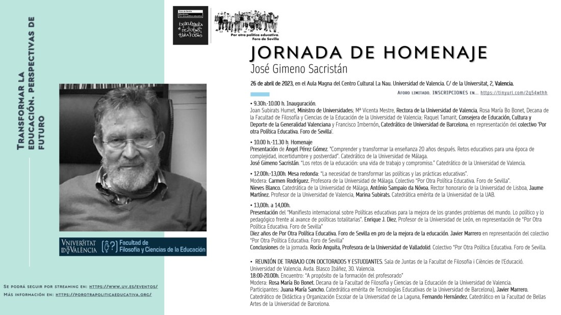 Jornada de homenaje a José Gimeno Sacristán. “Transformar la educación. Perspectivas de futuro”