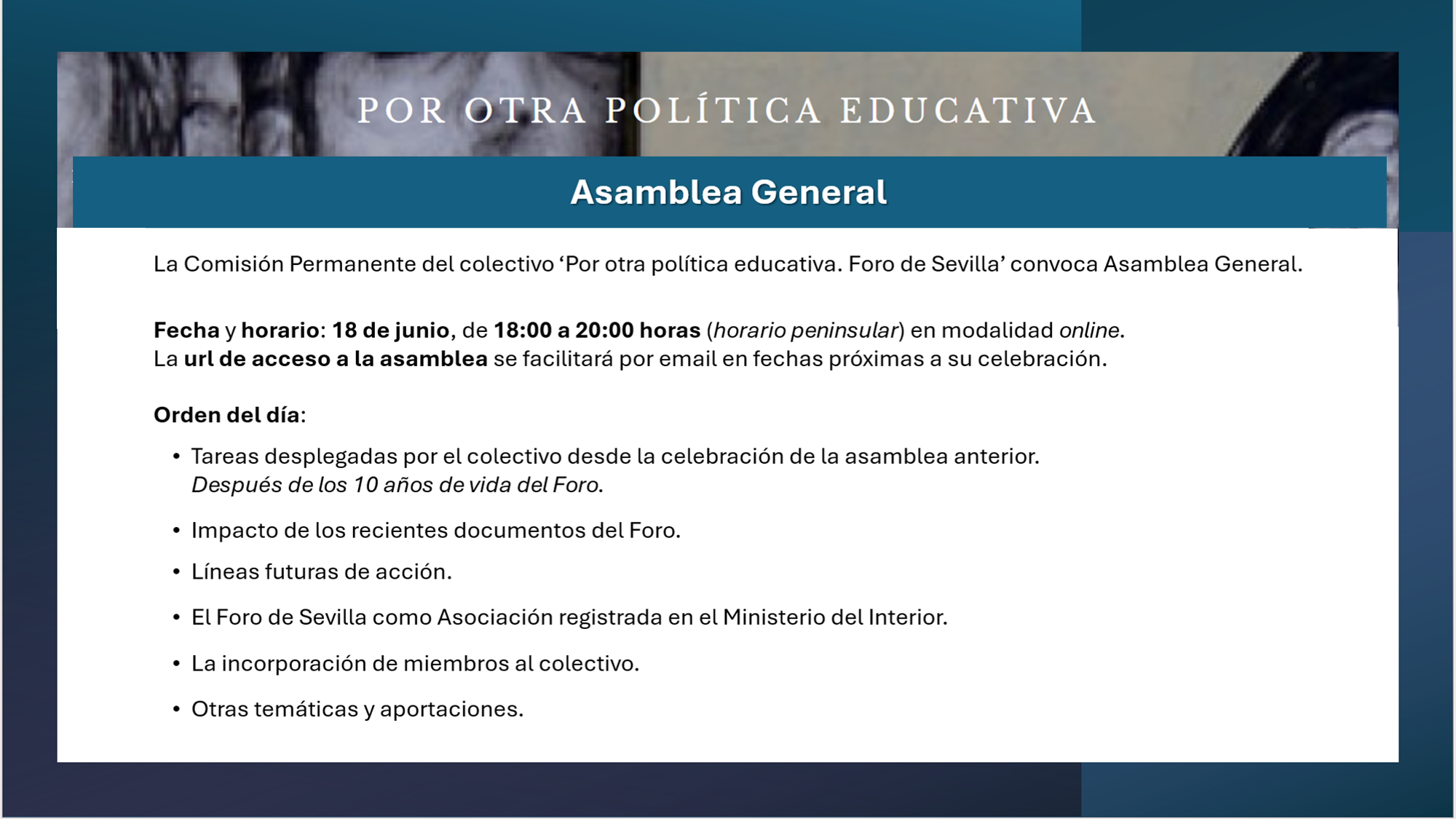 Asamblea general del colectivo 'Por otra política educativa. Foro de Sevilla